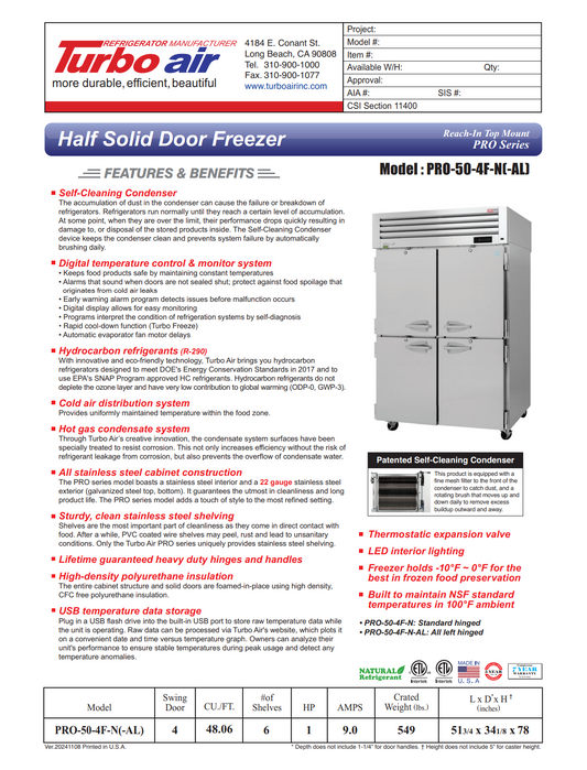 Turbo Air PRO-50-4F-N 51 3/4" PRO Series Two Section Reach In Freezer, (4) Left/Right Hinge Solid Doors, 115v