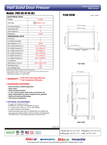 Turbo Air PRO-50-4F-N 51 3/4" PRO Series Two Section Reach In Freezer, (4) Left/Right Hinge Solid Doors, 115v