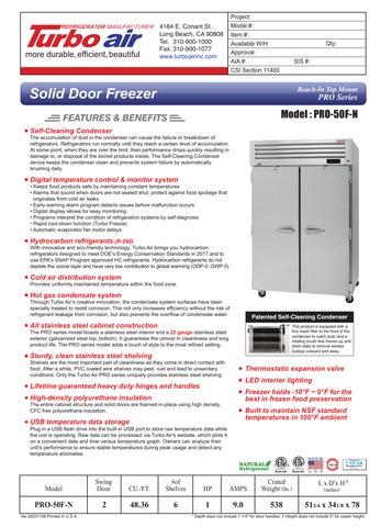 Turbo Air PRO-50F-N 51 3/4" PRO Series Two Section Reach In Freezer, (2) Left/Right Hinge Solid Doors, 115v