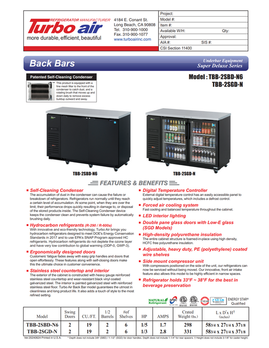 Turbo Air TBB-2SBD-N6 58 3/4" Bar Refrigerator - 2 Swinging Solid Doors, Black, 115v
