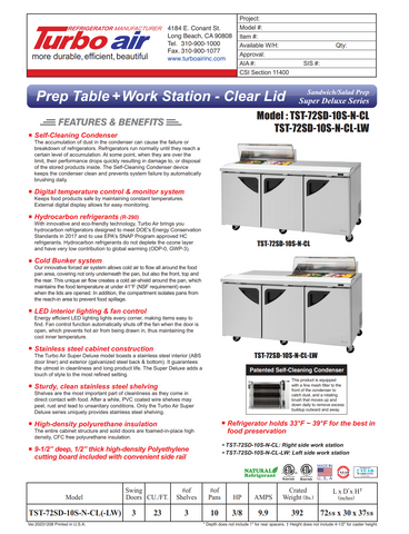 Turbo Air TST-72SD-10S-N-CL Super Deluxe  72" 3 Door Refrigerated Sandwich Prep Table with Clear Lid