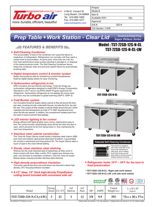 Turbo Air TST-72SD-12S-N-CL Super Deluxe Sandwich/Salad Unit Three-section 72-5/8"W 30"D X 37-5/8"H