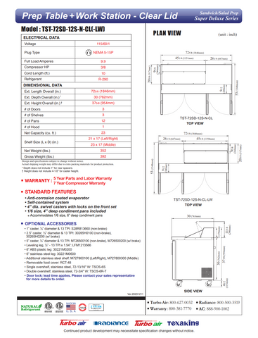 Turbo Air TST-72SD-12S-N-CL Super Deluxe Sandwich/Salad Unit Three-section 72-5/8"W 30"D X 37-5/8"H