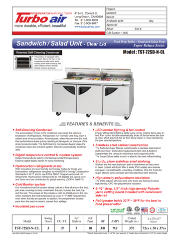 Turbo Air TST-72SD-N-CL 72" Three Section Sandwich / Salad Prep Table w/ 3 Doors, 18 Pans
