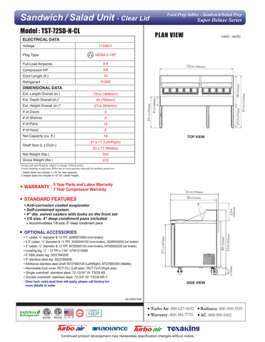 Turbo Air TST-72SD-N-CL 72" Three Section Sandwich / Salad Prep Table w/ 3 Doors, 18 Pans
