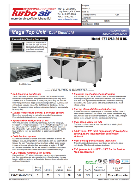 Turbo Air TST-72SD-30-N-DS 72" Mega Top Sandwich/Salad Prep Table w/ 3 Doors, 30 Pans