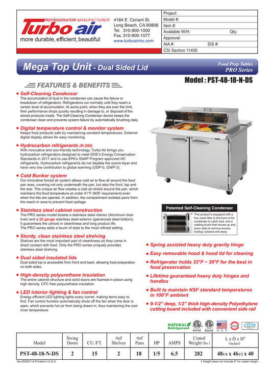 Turbo Air PST-48-18-N-DS 48" TMega Top Sandwich/Salad Prep Table w/ 2 Doors, 18 Pans
