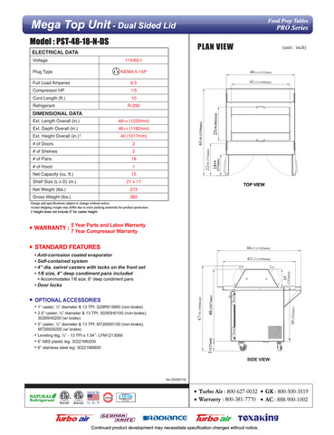 Turbo Air PST-48-18-N-DS 48" TMega Top Sandwich/Salad Prep Table w/ 2 Doors, 18 Pans