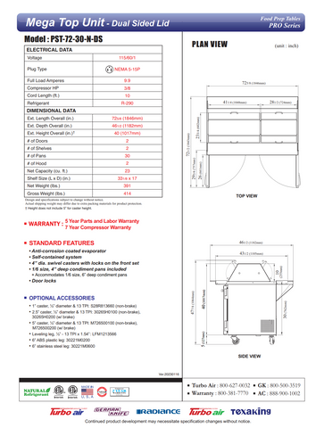 Turbo Air PST-72-30-N-DS 72" Mega Top Sandwich/Salad Prep Table w/ 2 Doors, 30 Pans