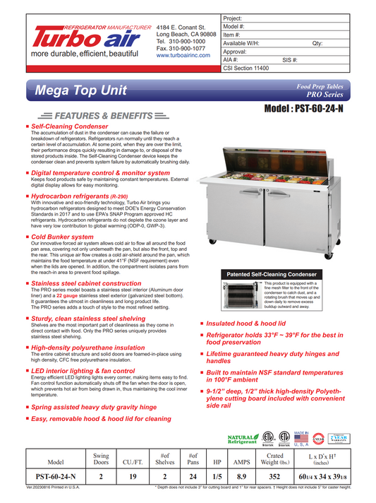 Turbo Air PST-60-24-N 60" Mega Top Sandwich/Salad Prep Table w/ 2 Doors, 24 Pans