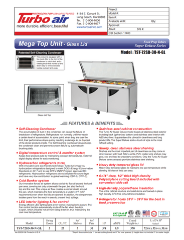 Turbo Air TST-72SD-30-N-GL 72" Mega Top Sandwich/Salad Prep Table w/ 3 Doors, 30 Pans