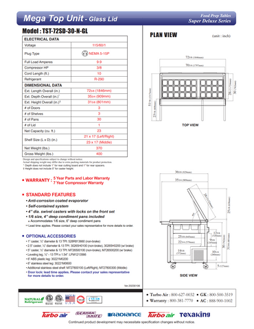 Turbo Air TST-72SD-30-N-GL 72" Mega Top Sandwich/Salad Prep Table w/ 3 Doors, 30 Pans