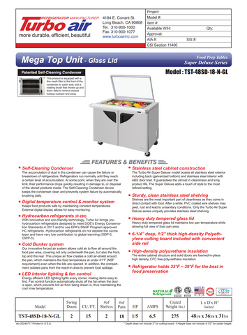 Turbo Air TST-48SD-18-N-GL 48" Super Deluxe Mega Top Sandwich/Salad Prep Table w/ Refrigerated Base, 115v