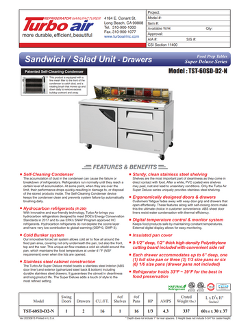 Turbo Air TST-60SD-D2-N 60" Sandwich / Salad Prep Table w/ 2 Drawers & 1 Door, 16 Pans