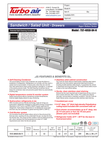 Turbo Air TST-48SD-D4-N 48" Two Section Sandwich / Salad Prep Table w/ 4 Drawers, 12 Pans