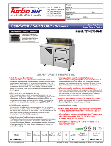 Turbo Air TST-48SD-D2-N 48" Sandwich / Salad Prep Table w/ 2 Drawers & 1 Door, 12 Pans