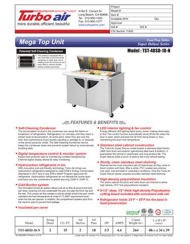 Turbo Air TST-48SD-18-N 48" Mega Top Sandwich/Salad Prep Table w/ 2 Doors, 18 Pans