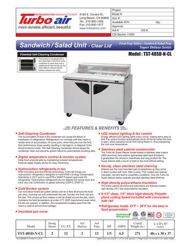 Turbo Air TST-48SD-N-CL 2 48" Two Section Sandwich / Salad Prep Table w/ 2 Doors, 12 Pans