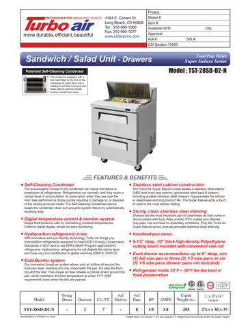 Turbo Air TST-28SD-D2-N 27" One Section Sandwich / Salad Prep Table w/ 2 Drawers, 8 Pans