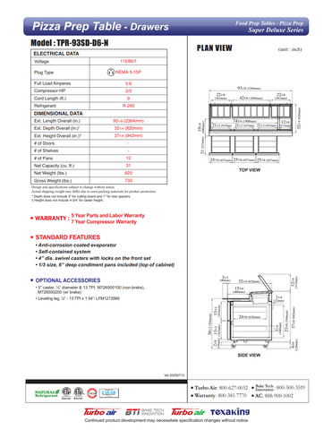 Turbo Air TPR-93SD-D6-N 93" Refrigerated Pizza Prep Table w/ 6 Drawers, 12 Condiment Pans