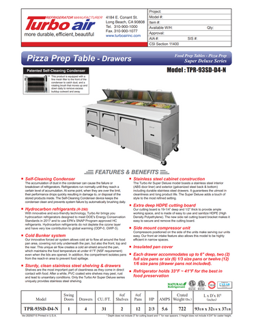 Turbo Air TPR-93SD-D4-N 93" Refrigerated Pizza Prep Table w/ 1 Door & 4 Drawers, 12 Pans