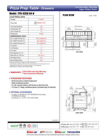 Turbo Air TPR-93SD-D4-N 93" Refrigerated Pizza Prep Table w/ 1 Door & 4 Drawers, 12 Pans