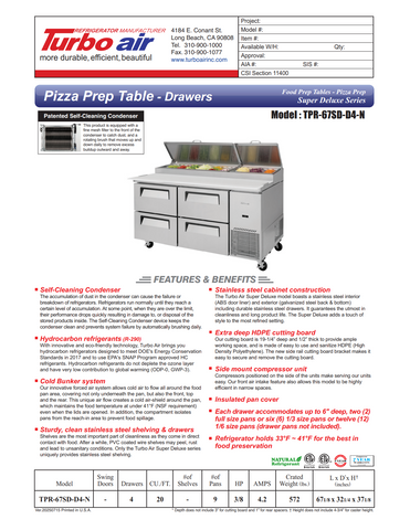 Turbo Air TPR-67SD-D4-N 67" Refrigerated Pizza Prep Table w/ 4 Drawers, 20 cu. ft.