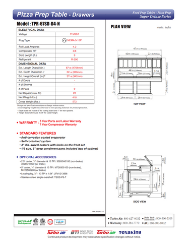 Turbo Air TPR-67SD-D4-N 67" Refrigerated Pizza Prep Table w/ 4 Drawers, 20 cu. ft.