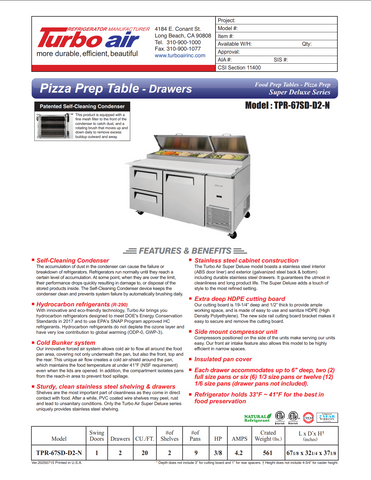 Turbo Air TPR-67SD-D2-N 67" Refrigerated Pizza Prep Table w/ 1 Door & 2 Drawers, 20 cu. ft.