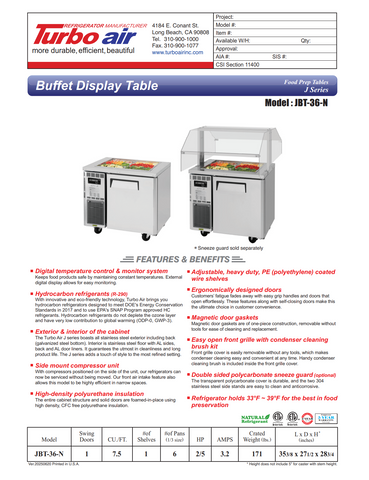 Turbo Air JBT-36-N 35" J Series Refrigerated Buffet Table, (1) Section, (6) Pan, 7.5 cu. ft.