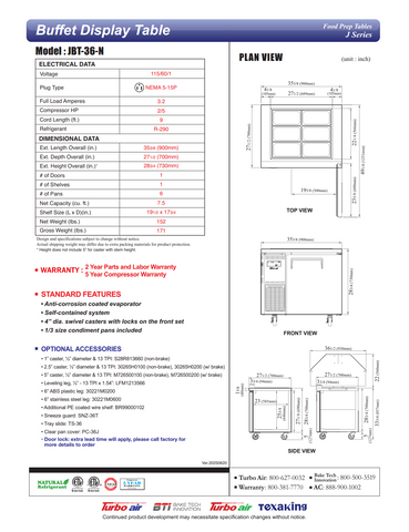 Turbo Air JBT-36-N 35" J Series Refrigerated Buffet Table, (1) Section, (6) Pan, 7.5 cu. ft.