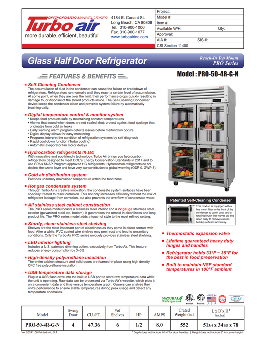 Turbo Air PRO-50-4R-G-N 51" Two Section Reach-In Refrigerator w/ 4 Glass Half Doors, Top Mount, Stainless Steel, 47 cu. ft.