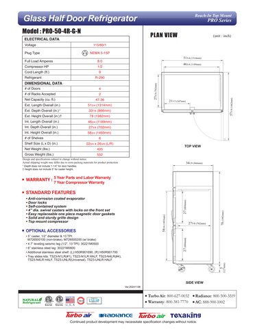 Turbo Air PRO-50-4R-G-N 51" Two Section Reach-In Refrigerator w/ 4 Glass Half Doors, Top Mount, Stainless Steel, 47 cu. ft.