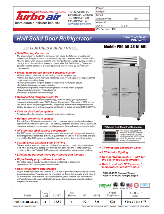 Turbo Air PRO-50-4R-N 51" Two Section Reach-In Refrigerator w/ 4 Solid Half Doors, Top Mount, Stainless Steel, 48 cu. ft.