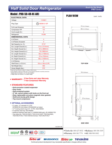 Turbo Air PRO-50-4R-N 51" Two Section Reach-In Refrigerator w/ 4 Solid Half Doors, Top Mount, Stainless Steel, 48 cu. ft.