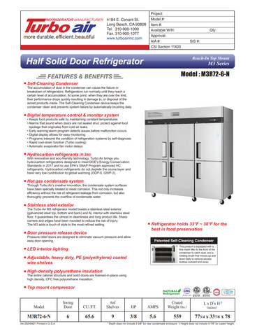 Turbo Air M3R72-6-N 77" Three Section Reach-In Refrigerator w/ 6 Half Solid Doors, Top Mount, Aluminum Interior, 66 cu. ft.