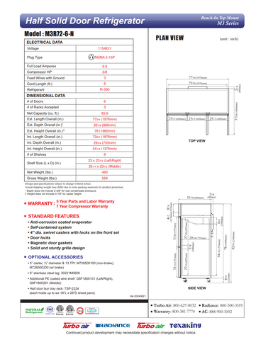 Turbo Air M3R72-6-N 77" Three Section Reach-In Refrigerator w/ 6 Half Solid Doors, Top Mount, Aluminum Interior, 66 cu. ft.