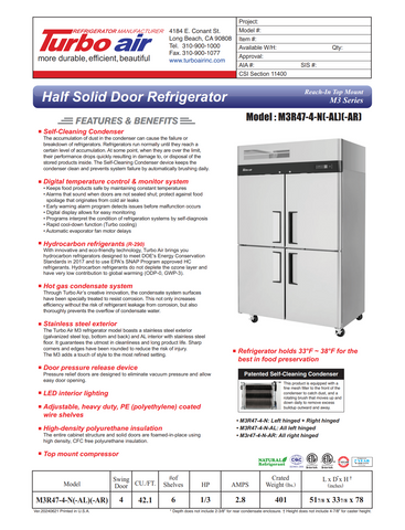 Turbo Air M3R47-4-N 51" Two Section Reach-In Refrigerator w/ 4 Half Solid Doors, Top Mount, Aluminum Interior, 42 cu. ft.