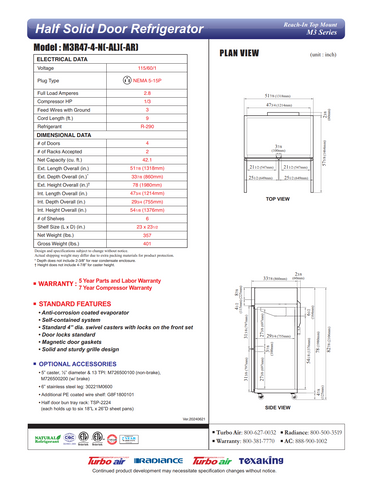 Turbo Air M3R47-4-N 51" Two Section Reach-In Refrigerator w/ 4 Half Solid Doors, Top Mount, Aluminum Interior, 42 cu. ft.