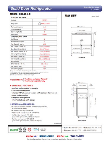 Turbo Air M3R47-2-N M3 Series Solid Door Refrigerator, 2 Section
