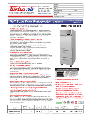 Turbo Air PRO-26R-D2-N 29" One Section Reach-In Refrigerator w/ Solid Half Door & 2 Drawers, Top Mount, Stainless Steel, 25 cu. ft.