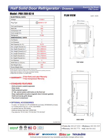 Turbo Air PRO-26R-D2-N 29" One Section Reach-In Refrigerator w/ Solid Half Door & 2 Drawers, Top Mount, Stainless Steel, 25 cu. ft.
