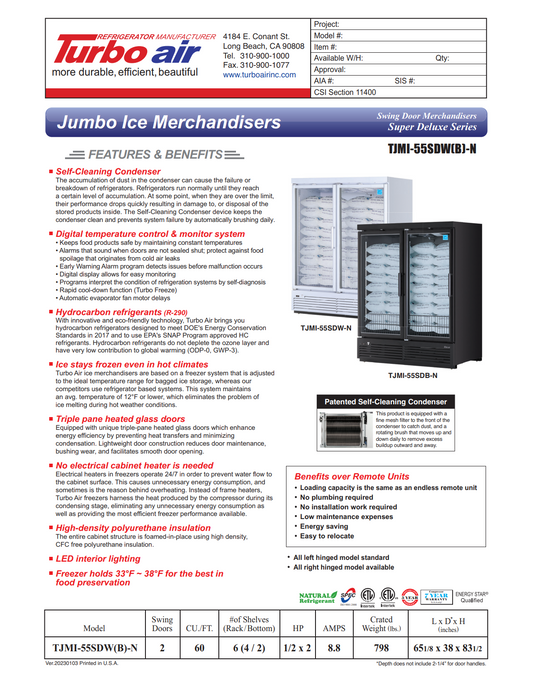 Turbo Air TJMI-55SDW(B)-N 65" Indoor Ice Merchandiser w/ Glass Door, Auto Defrost, 60 cu. ft.