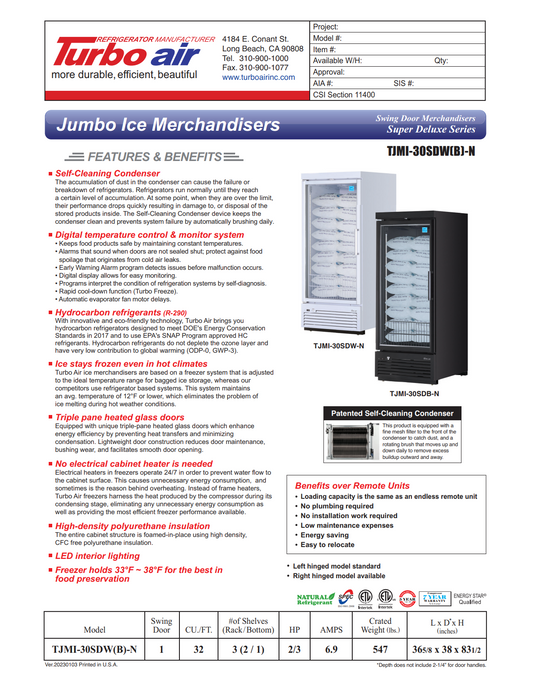 Turbo Air TJMI-30SDW(B)-N 37" Indoor Ice Merchandiser w/ Glass Door, Auto Defrost, 32 cu. ft.