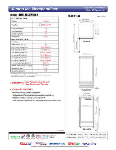 Turbo Air TJMI-30SDW(B)-N 37" Indoor Ice Merchandiser w/ Glass Door, Auto Defrost, 32 cu. ft.