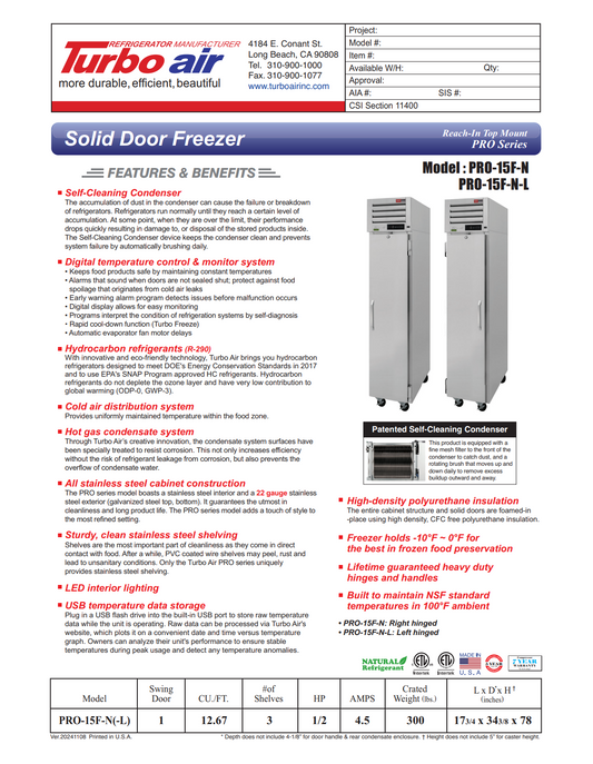 Turbo Air PRO-15F-N 17 3/4" PRO Series One Section Reach In Freezer, (1) Right Hinge Solid Door, 115v