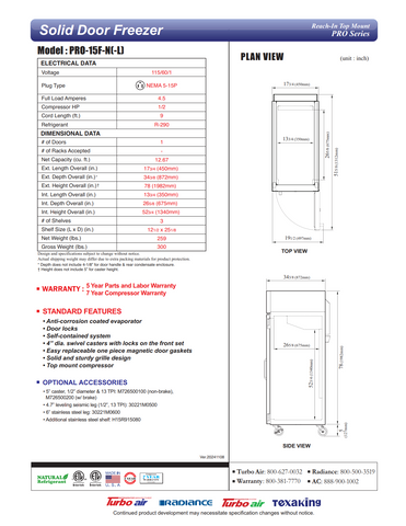 Turbo Air PRO-15F-N 17 3/4" PRO Series One Section Reach In Freezer, (1) Right Hinge Solid Door, 115v
