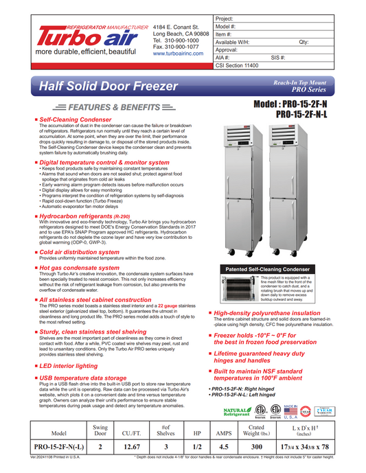 Turbo Air PRO-15-2F-N 17 3/4" PRO Series One Section Reach In Freezer, (2) Right Hinge Solid Doors, 115v