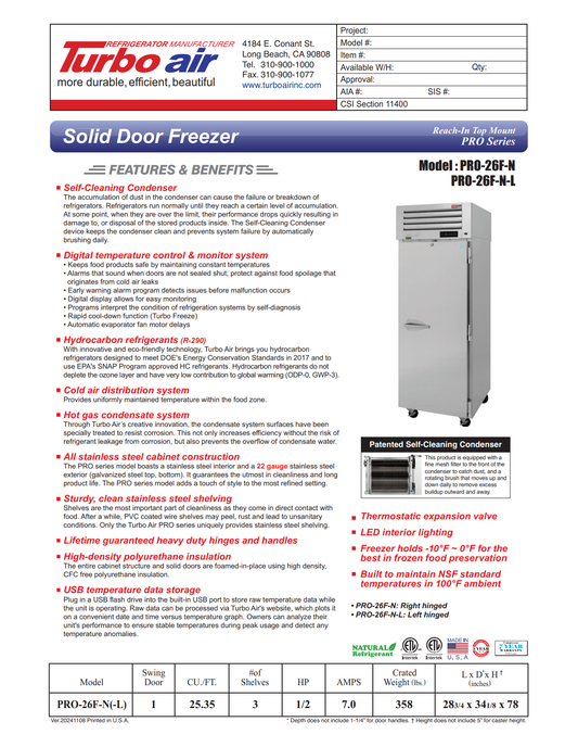 Turbo Air PRO-26F-N 28 3/4" PRO Series One Section Reach In Freezer, (1) Right Hinge Solid Door, 115v