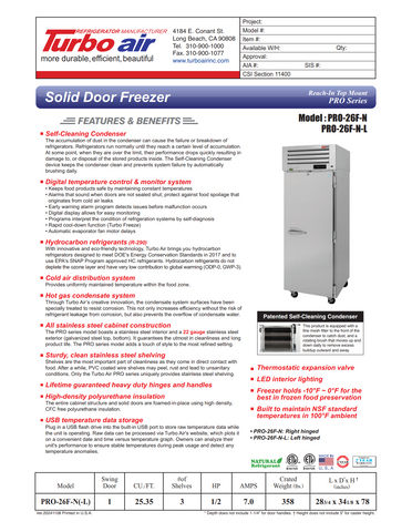 Turbo Air PRO-26F-N 28 3/4" PRO Series One Section Reach In Freezer, (1) Right Hinge Solid Door, 115v